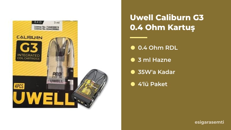 Uwell Caliburn G3 0.4 Ohm Kartuş özellikleri